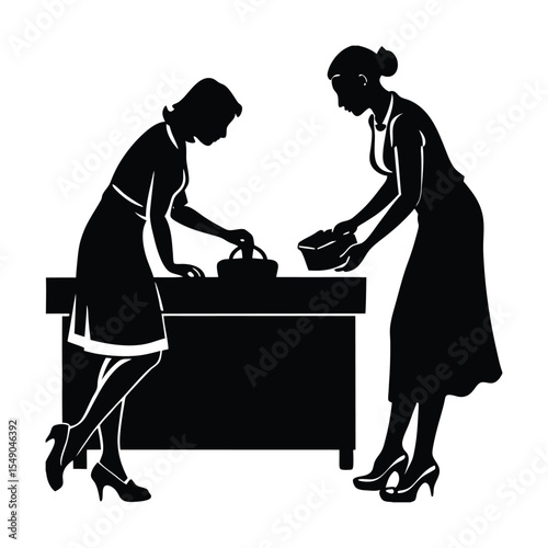 Elegant silhouette art depicting two women interacting with items on a countertop