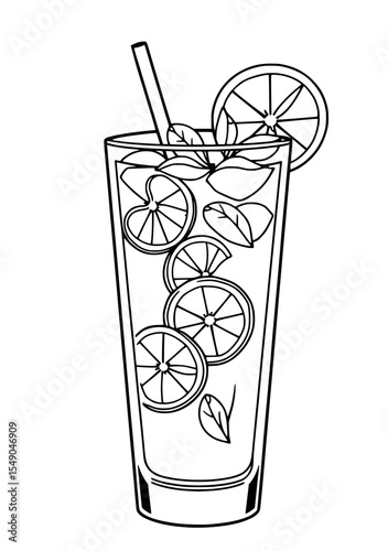 A tall glass filled with ice, lemon slices, and mint leaves, topped with a straw. Simple black line illustration.