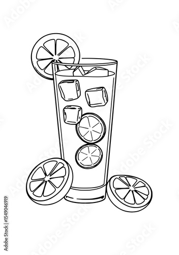 A tall glass filled with ice cubes and sliced lemons, surrounded by more lemon slices, in a simple line drawing style.