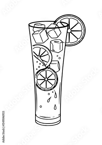 A tall glass filled with ice cubes and sliced lemons, with a lemon wedge perched on the rim, depicting a refreshing drink.