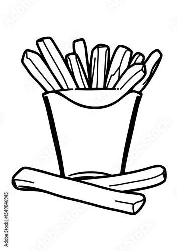 A line drawing of a cup filled with French fries, accompanied by several scattered fries beside the cup.