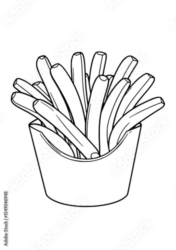 A container filled with crispy French fries, featuring a variety of shapes and sizes, illustrated in black and white.