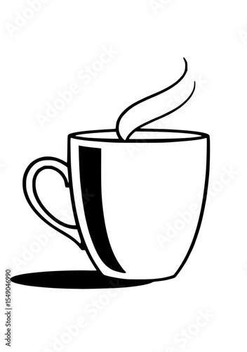 Black and white illustration of a steaming coffee cup with a curved handle and a shadow underneath.