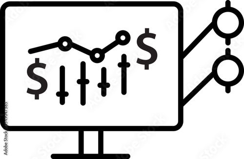 Stock market analysis icon with monitor displaying candlestick chart, line graph, and dollar symbols, representing financial data, investment, and trading concepts