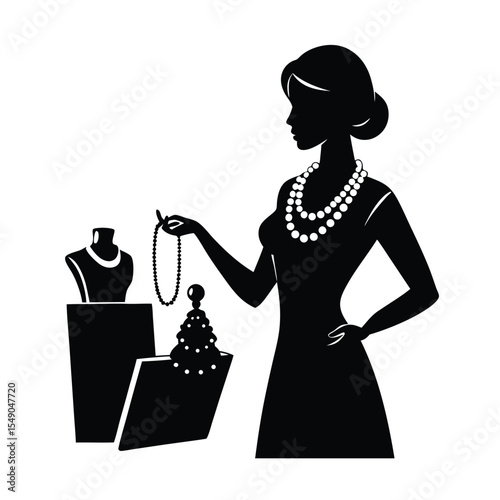 Elegant woman admiring pearl necklace and accessories in a stylish silhouette art composition