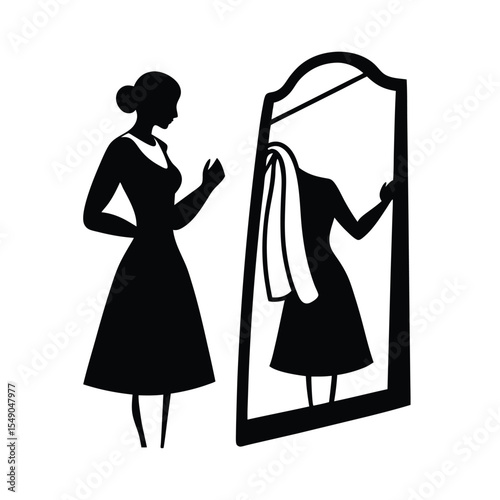 Elegant woman contemplating her outfit in a mirror silhouette art for fashion concepts