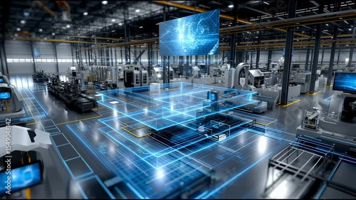 Digital twin of factory floor displayed on screen, virtual models synchronizing with real-time machinery blue neon