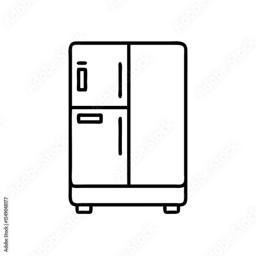 Stylized black and white refrigerator with freezer and ice dispenser outline