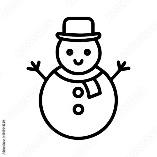 Outlined cartoon snowman with top hat and scarf on a white background