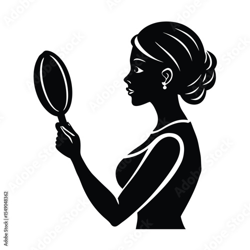 Elegant woman gazing into a hand mirror a beautiful black and white silhouette art illustration
