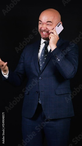 Businessman having phone call showing negative emotion with hand gesture