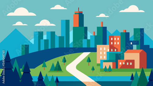 Modern cityscape with mountains and winding road