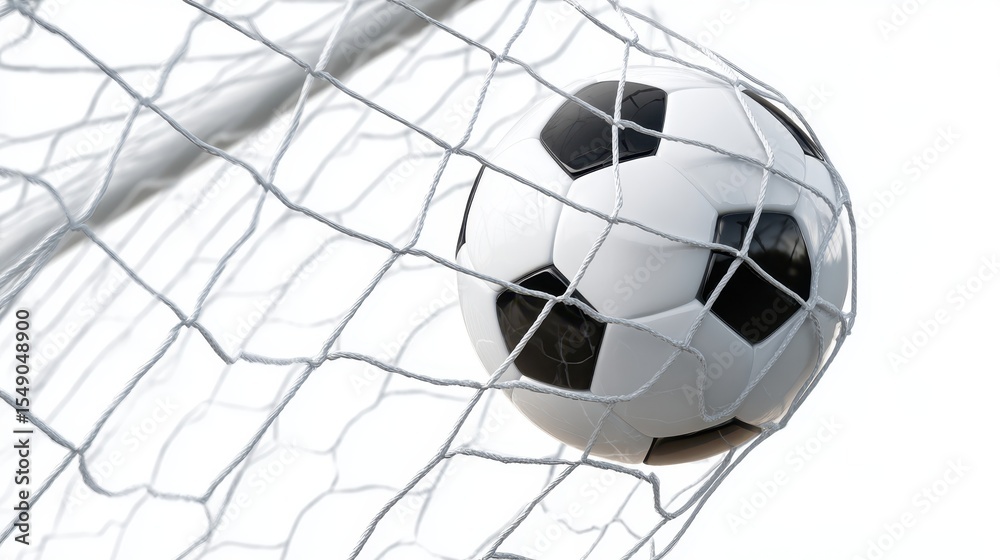 Naklejka premium Soccer ball soaring past goalkeeper, nestling into net with powerful trajectory, symbolizing pure athletic achievement and competitive spirit of football