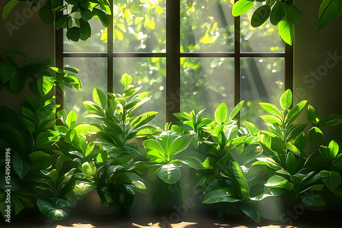 Sunlit Indoor Garden: Lush Green Plants by Window with Radiant L