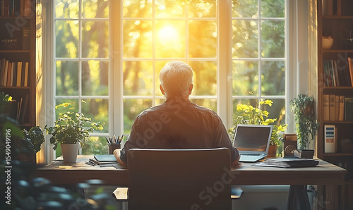 Elderly Man Contemplating Sunlight Through Window in Home Office