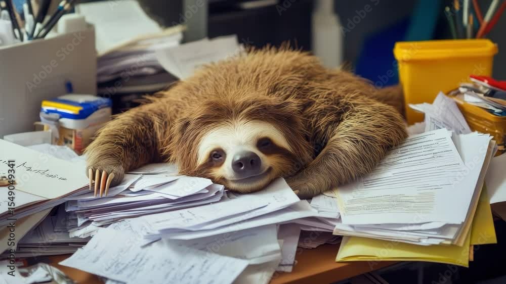 Sloth is lying on a table littered with papers and does not want to work. Tired of work