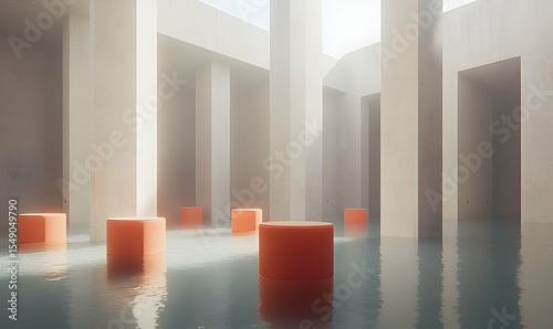 Architectural Interior with Orange Cylinders Reflecting in Calm