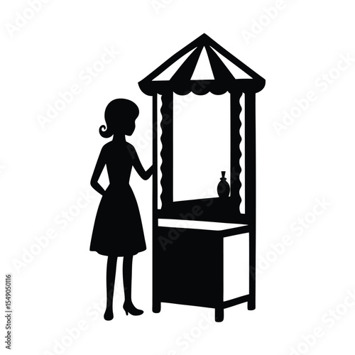 Elegant woman silhouette near a vintage kiosk displaying a decorative vase with white background.