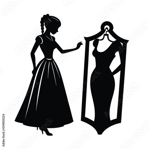 Elegant woman silhouetted next to a dress form displaying silhouette art on white background