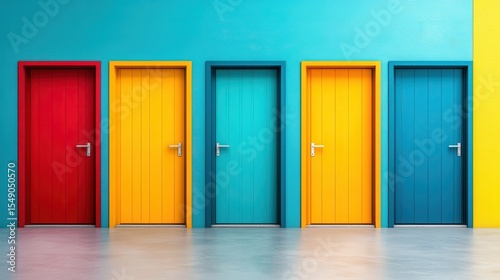A row of five vibrant doors in different colors against a bright backdrop creates a striking visual  symbolizing choice  diversity  and bold architectural design in a playful setting.