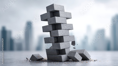 Competitive risk drives business. 
A close-up of a toppled and crumbling stack of gray concrete blocks on a reflective surface with a blurred cityscape in the background.