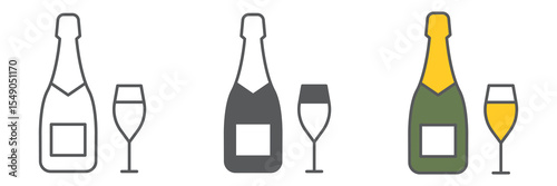 Champagne bottle with glass icon collection, valentines day and alcohol, champagne sign vector set graphics, editable stroke linear icon, eps 10