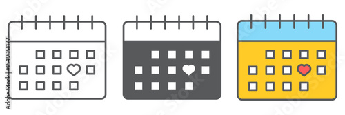 Valentines day calendar icon collection, valentines day and february 14, love calendar sign vector set graphics, editable stroke linear icon, eps 10