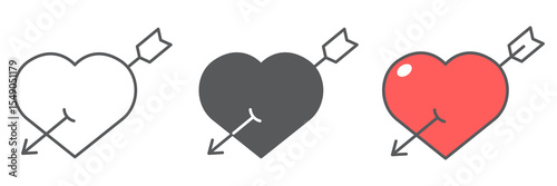 Pierced heart with arrow icon collection, valentines day and love, heart with arrow sign vector set graphics, editable stroke linear icon, eps 10