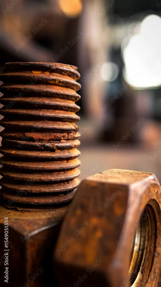 Close-up of rusty metal hex nut and bolt showing corrosion and wear in industrial or engineering context. Close-up of rusty metal hex nut and bolt showing corrosion and wear in industrial or engineering context.