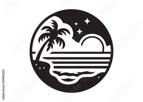 Beach with Palm Tree Silhouette Vector Illustration