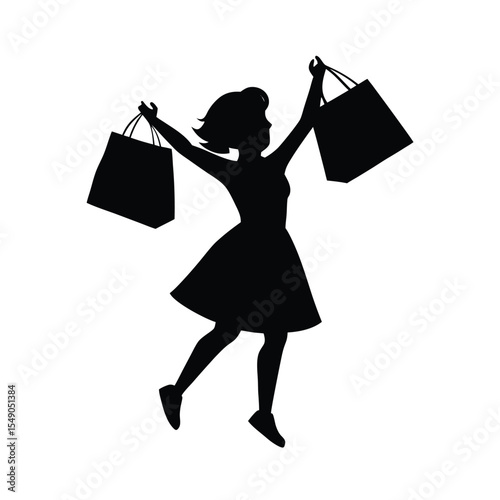Joyful woman silhouette celebrating shopping purchases holding bags upwards with excitement