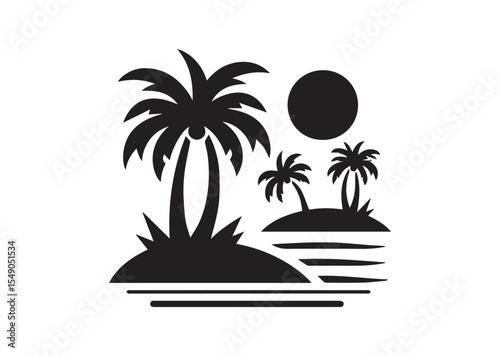 Beach with Palm Tree Silhouette Vector Illustration