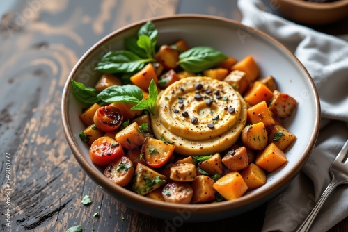 bowl of tempeh and roasted vegetables, fermented plant protein meal, vegan muscle food idea, earthy modern styling with a focus on fitness nutrition