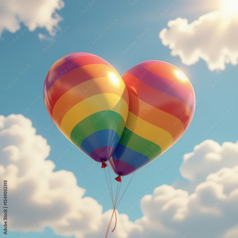 Naklejka premium Ultra-detailed 3D render of rainbow-colored, heart-shaped balloons drifting across a bright, sunny sky. Soft lighting and vibrant tones create a joyful, uplifting scene—