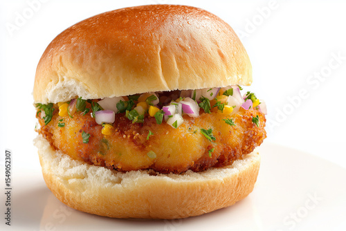 Spiced potato fritter vada pav served in a soft bread bun with chutneys and fresh toppings against a clean white background