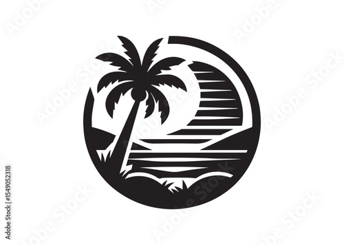 Beach with Palm Tree Silhouette Vector Illustration