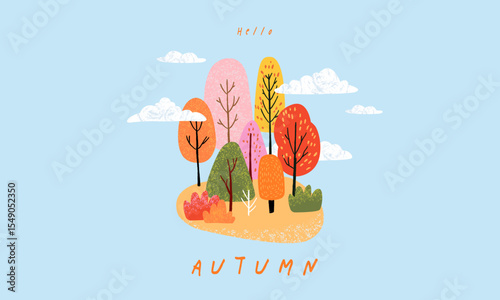 Trendy art style abstract autumn banner, poster, cover, card with bright beautiful autumn forest, trees, plants and sky. Fall background, template for advertising, sales, web and social media, print