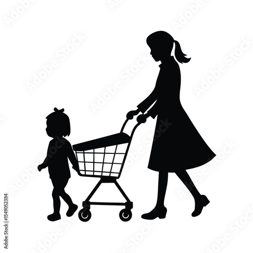 Silhouette art of a mother and child grocery shopping together with a shopping cart in black and white