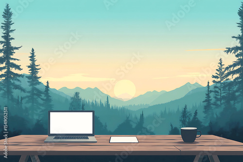 Minimalist morning work setup with laptop, coffee cup & home office decor for productive remote work