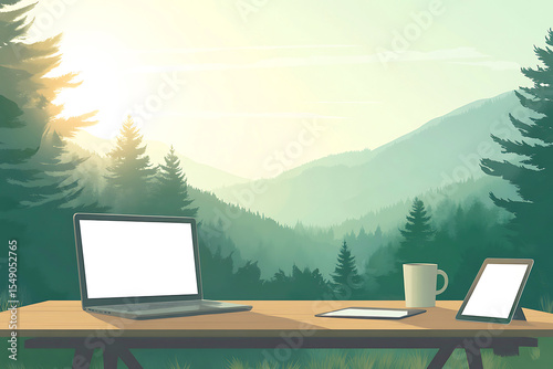 Minimalist morning work setup with laptop, coffee cup & home office decor for productive remote work