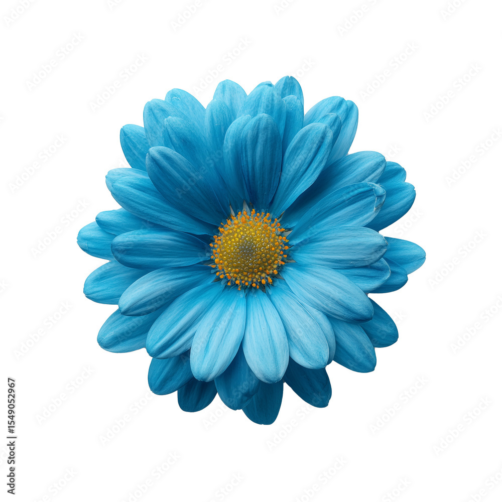 Fototapeta premium One blue daisy head flower isolated on transparent background. Flat lay, top view. Floral pattern, object. Perfect stock photo