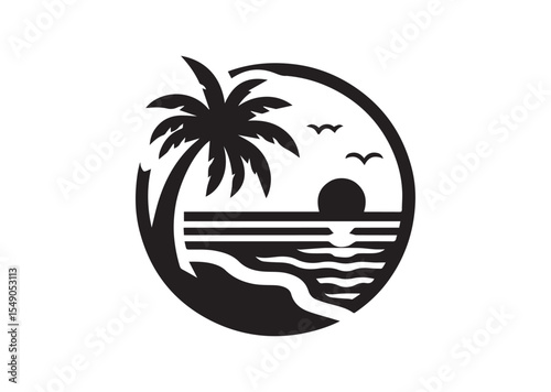 Beach with Palm Tree Silhouette Vector Illustration