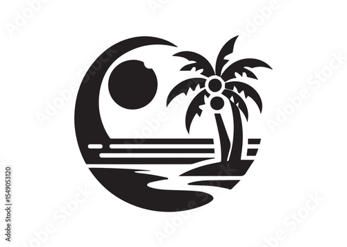 Beach with Palm Tree Silhouette Vector Illustration