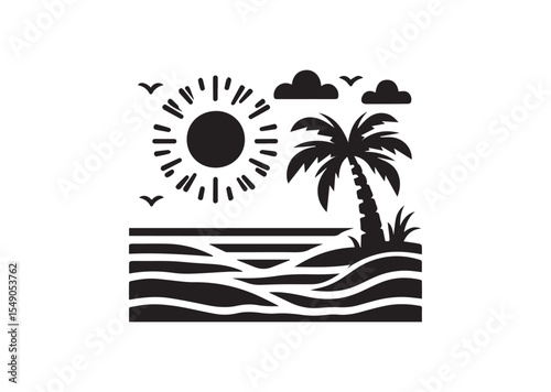 Beach with Palm Tree Silhouette Vector Illustration