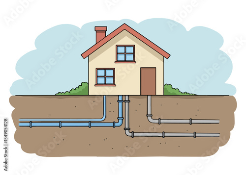 House with water supply and sewerage system. Plumbing equipment. Vector illustration