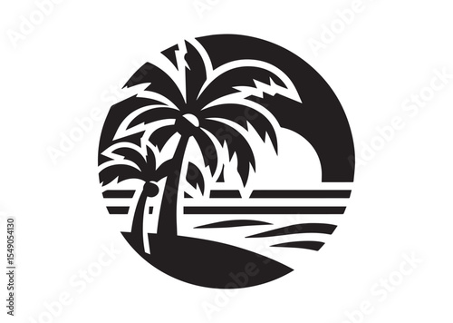 Beach with Palm Tree Silhouette Vector Illustration