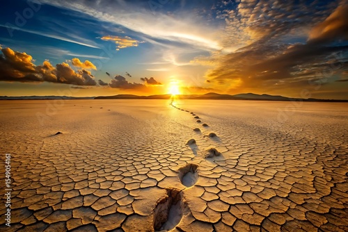 Footprints leading towards a vibrant sunset over a cracked desert landscape