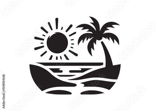 Beach with Palm Tree Silhouette Vector Illustration