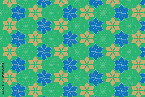 Seamless Floral Pattern with Blue and Beige Flowers on Green Background – Vector Design.

