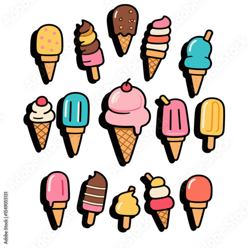 Collection of colorful cartoon ice cream cones and popsicles with different flavors and toppings.